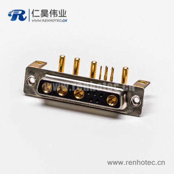 D SUB大电流接插件9W4弯式焊板带支架铆锁母座接PCB