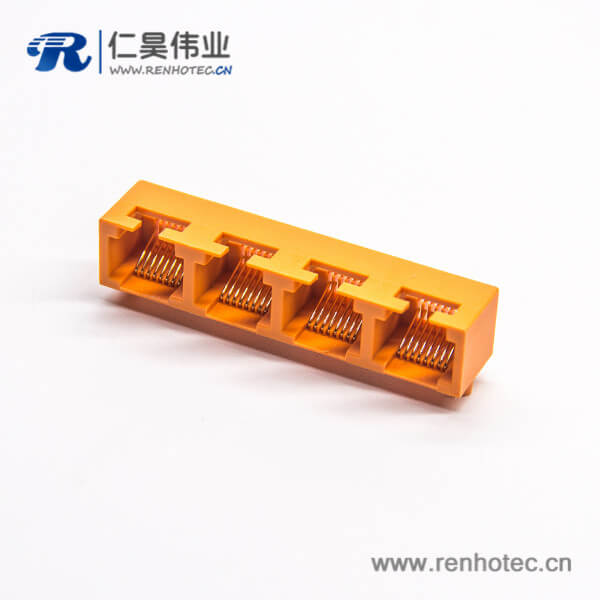 rj45模块90度母头接插件橙色单排4端口8p8c弯插PCB板不带屏蔽