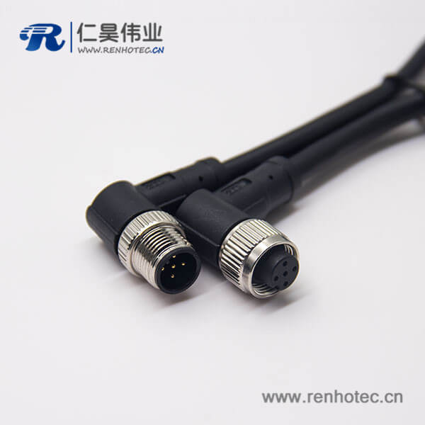 m12电缆信号线5芯90度公对母A编码不带屏蔽工业防水插头1M AWG22