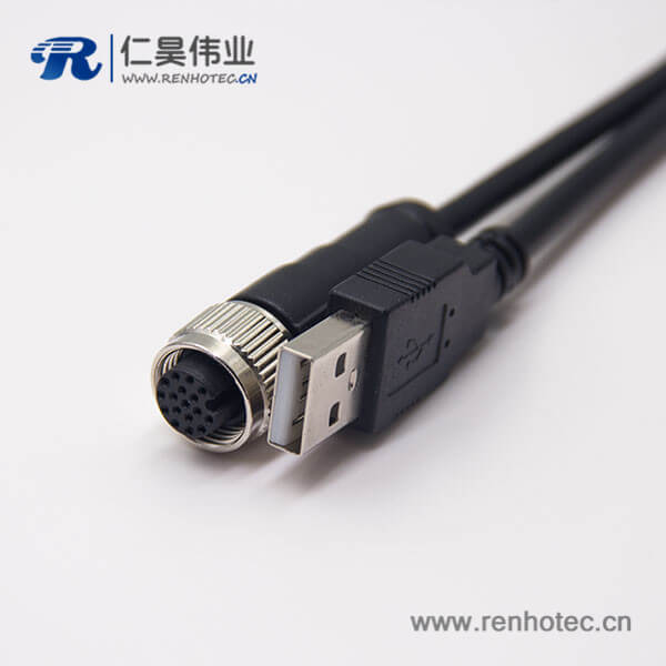 m12转USB接线180度m12A型17芯转USB Type A公头1M AWG26不带屏蔽