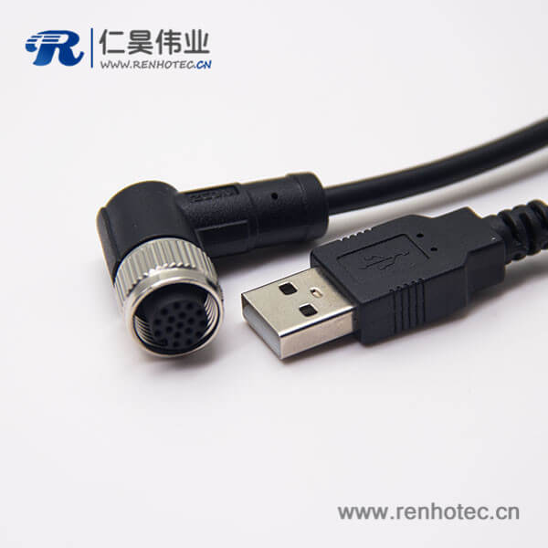 m12母头弯式17芯工业防水直式公头不带屏蔽A编码插头转USB2.01M AWG26